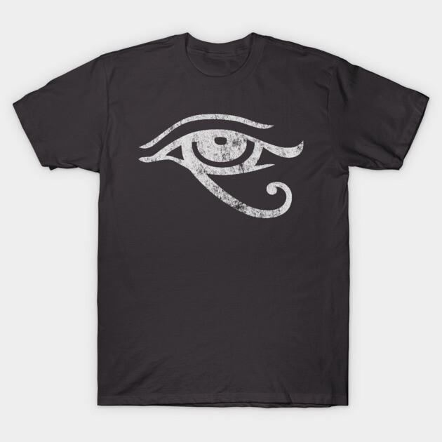 Black T-shirt with white Eye of Horus design, casual style, cotton material, perfect for everyday wear.