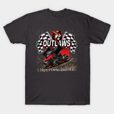 Black "Outlaws" T-shirt featuring racing car graphic and checkered flags, ideal for motorsport enthusiasts.