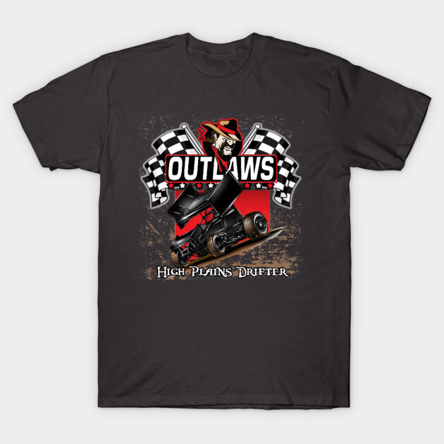 Black "Outlaws" T-shirt featuring racing car graphic and checkered flags, ideal for motorsport enthusiasts.