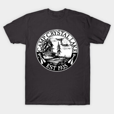 Dark gray t-shirt with vintage "Camp Crystal Lake" graphic design, casual style, soft cotton material.