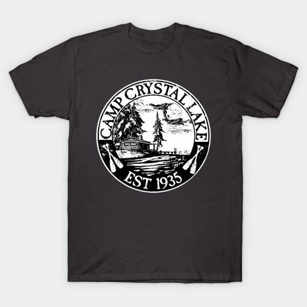 Dark gray t-shirt with vintage "Camp Crystal Lake" graphic design, casual style, soft cotton material.