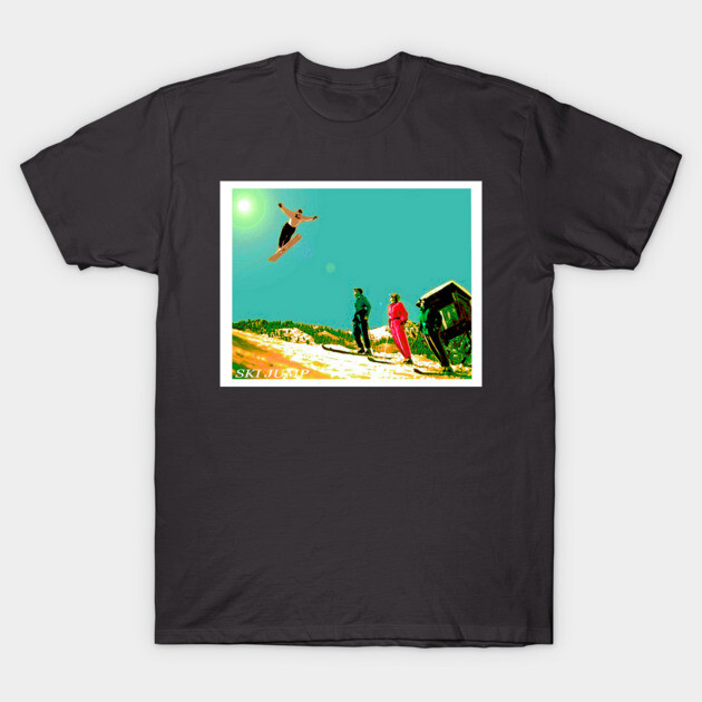 Black t-shirt with colorful ski jump graphic, ideal for casual wear or winter sports enthusiasts. Cotton material.