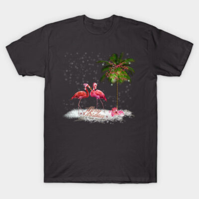Black Christmas-themed T-shirt with flamingo and palm tree design, festive style, ideal for holiday celebrations.