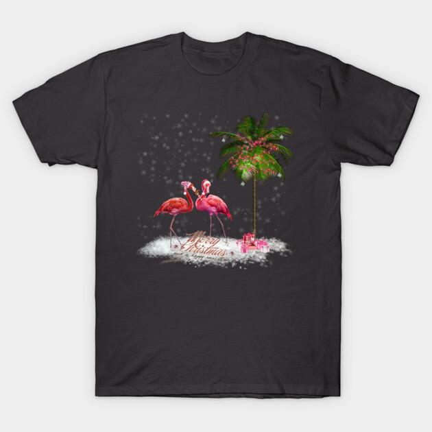 Black Christmas-themed T-shirt with flamingo and palm tree design, festive style, ideal for holiday celebrations.