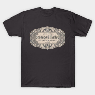 "Vintage-style black t-shirt with Scrooge & Marley logo, ideal for casual wear, soft cotton material."