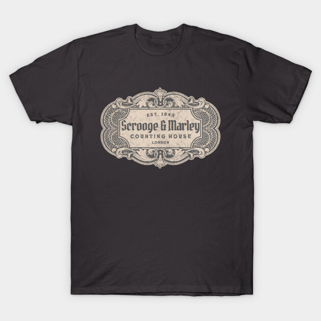 "Vintage-style black t-shirt with Scrooge & Marley logo, ideal for casual wear, soft cotton material."