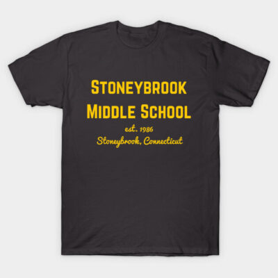 "Black cotton t-shirt with yellow 'Stoneybrook Middle School' text, casual style, perfect for everyday wear."