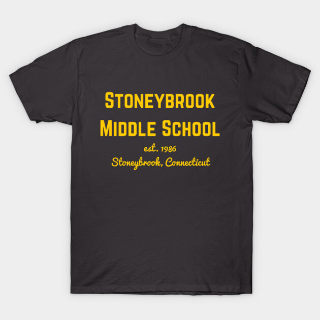 "Black cotton t-shirt with yellow 'Stoneybrook Middle School' text, casual style, perfect for everyday wear."