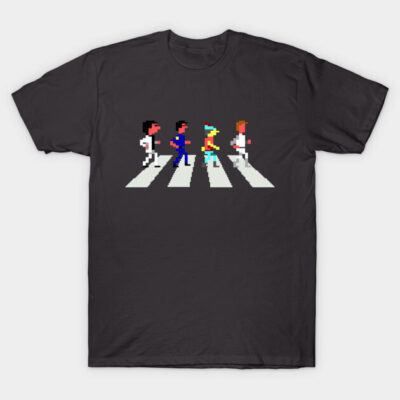 Black t-shirt with pixel art characters crossing a street, casual style, ideal for retro-themed fashion enthusiasts.