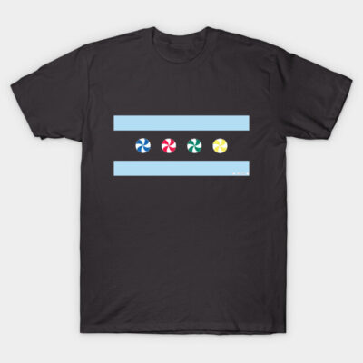 Black T-shirt with colorful geometric design, casual style, cotton material, ideal for everyday wear.
