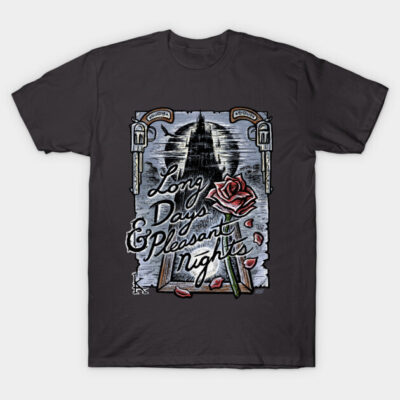 Black graphic t-shirt with vintage-style design, featuring rose and text "Long Days & Pleasant Nights," casual wear.