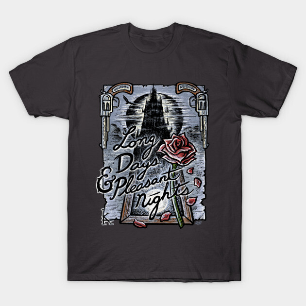 Black graphic t-shirt with vintage-style design, featuring rose and text "Long Days & Pleasant Nights," casual wear.