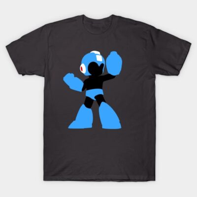 "Black t-shirt with blue robot design, short-sleeve, casual wear, cotton fabric, unisex style."
