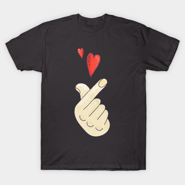 Black t-shirt with hand-heart gesture design, featuring red hearts. Casual style, perfect for everyday wear. Cotton material.