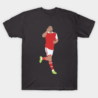 Black t-shirt featuring a minimalist graphic of a soccer player in red and white uniform, ideal for sports fans.