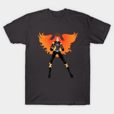 Black graphic T-shirt with superhero design, featuring vibrant orange and black colors, ideal for casual wear.