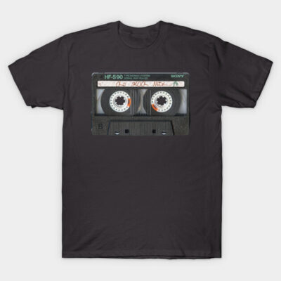 Black t-shirt featuring a vintage cassette tape graphic, casual style, ideal for music lovers and retro fashion enthusiasts.