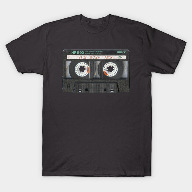 Black t-shirt featuring a vintage cassette tape graphic, casual style, ideal for music lovers and retro fashion enthusiasts.
