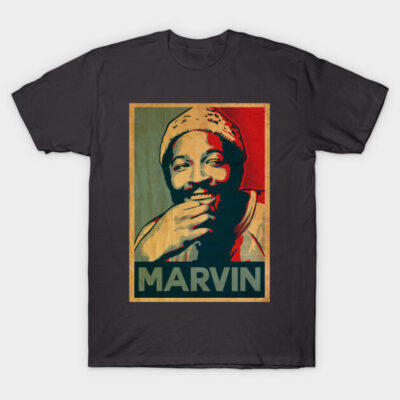 Black graphic t-shirt with colorful retro design and "Marvin" text, casual wear for men and women, cotton material.