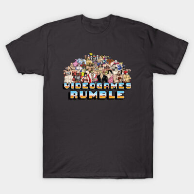 Black t-shirt with "Videogames Rumble" graphic design, featuring colorful pixel art characters, casual wear.