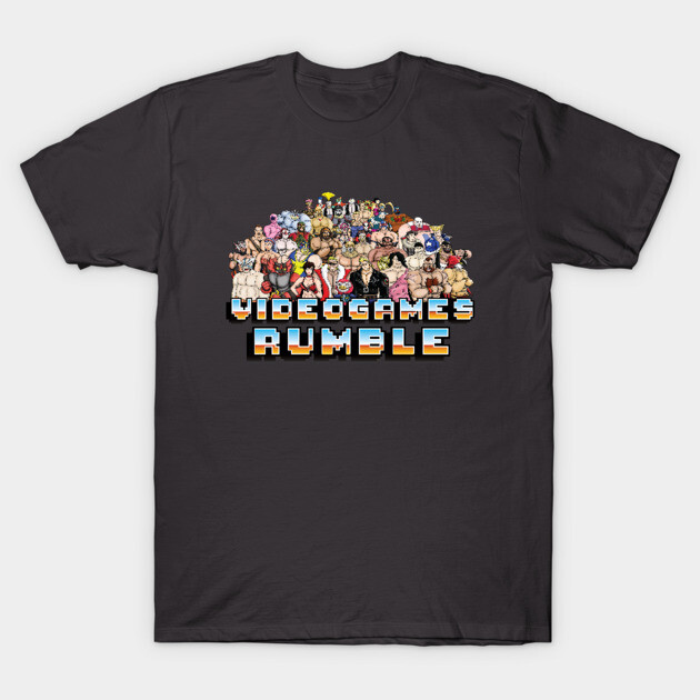 Black t-shirt with "Videogames Rumble" graphic design, featuring colorful pixel art characters, casual wear.