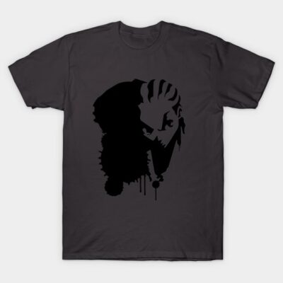 Black graphic t-shirt with bold abstract face design, cotton material, casual style. Ideal for everyday wear.