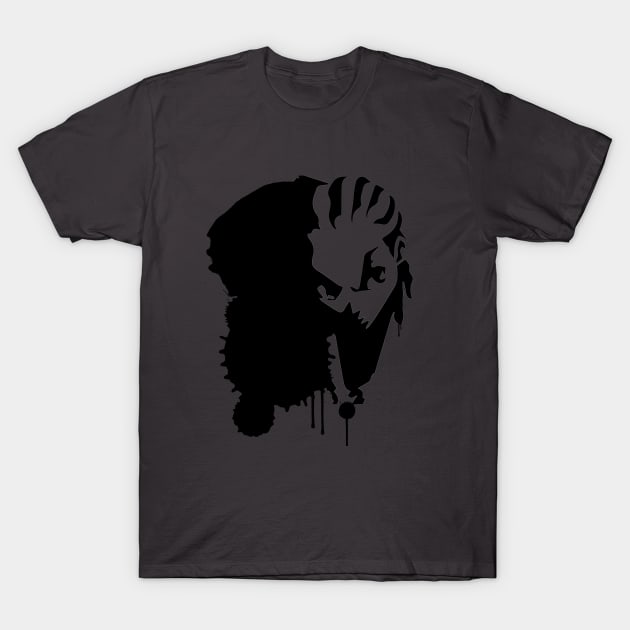Black graphic t-shirt with bold abstract face design, cotton material, casual style. Ideal for everyday wear.