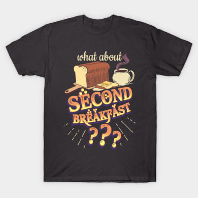 Black t-shirt with "What About Second Breakfast" text and breakfast graphic, casual style, cotton material.