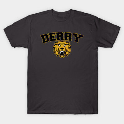 Black graphic t-shirt with bold "Derry" text and lion logo design, casual wear, cotton material.