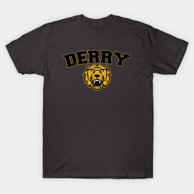 Black graphic t-shirt with bold "Derry" text and lion logo design, casual wear, cotton material.