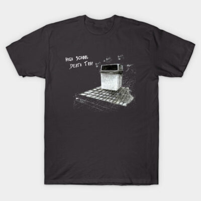 Charcoal t-shirt featuring "High School Death Trap" graphic, casual style, ideal for everyday wear, cotton material.