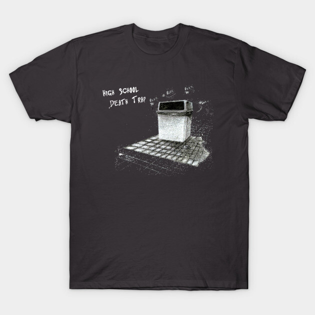 Charcoal t-shirt featuring "High School Death Trap" graphic, casual style, ideal for everyday wear, cotton material.