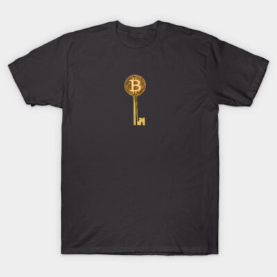 Black t-shirt with gold Bitcoin key design, casual unisex style, perfect for cryptocurrency enthusiasts, 100% cotton.
