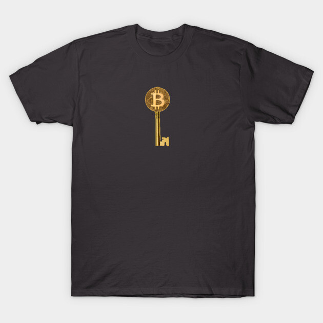 Black t-shirt with gold Bitcoin key design, casual unisex style, perfect for cryptocurrency enthusiasts, 100% cotton.