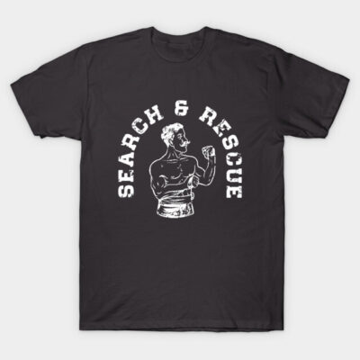Black "Search & Rescue" graphic T-shirt with vintage illustration; casual style, cotton material.