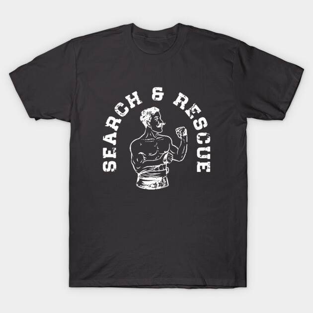 Black "Search & Rescue" graphic T-shirt with vintage illustration; casual style, cotton material.