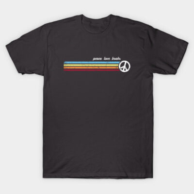 Black t-shirt with "Peace Love Books" text, multicolor stripes, peace symbol; casual wear, soft cotton material.