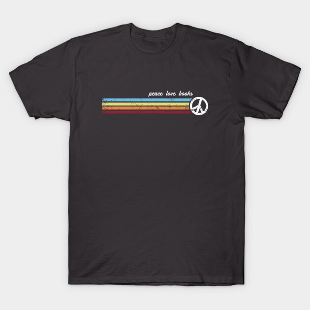 Black t-shirt with "Peace Love Books" text, multicolor stripes, peace symbol; casual wear, soft cotton material.