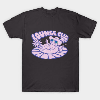 Black t-shirt with pastel purple "Lounge Club" design featuring a relaxed cartoon character and floral accents.