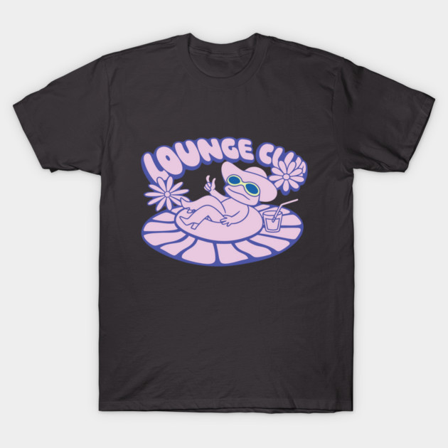 Black t-shirt with pastel purple "Lounge Club" design featuring a relaxed cartoon character and floral accents.