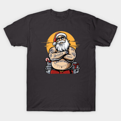 Black t-shirt featuring a tattooed Santa Claus design, perfect for Christmas and holiday wear. Cotton material, casual style.