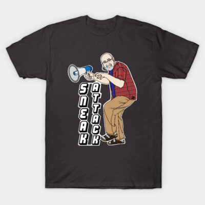 Black T-shirt with cartoon graphic and "Sneak Attack" text, casual wear, cotton material, unisex design.