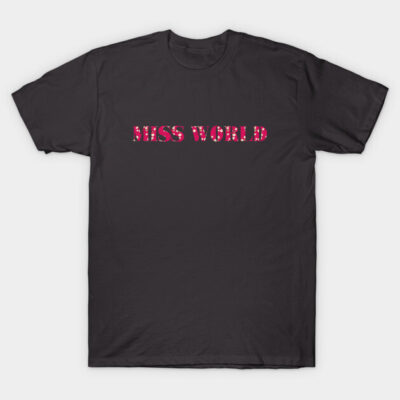 "Black cotton t-shirt with pink 'Miss World' text design, casual style for everyday wear"