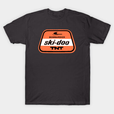 "Black t-shirt featuring vintage orange Ski-Doo logo, casual wear, 100% cotton, unisex design, perfect for outdoor enthusiasts."