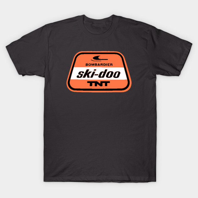 "Black t-shirt featuring vintage orange Ski-Doo logo, casual wear, 100% cotton, unisex design, perfect for outdoor enthusiasts."