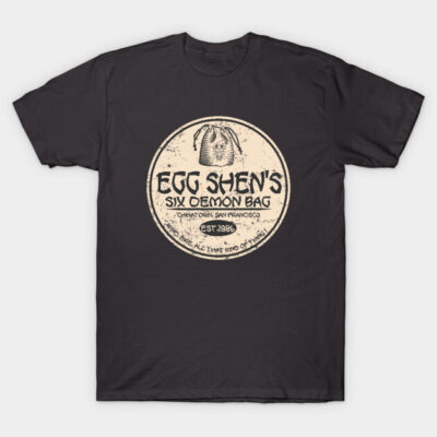"Black graphic t-shirt featuring vintage Egg Shen's Six Demon Bag design, perfect for casual wear and pop culture fans."