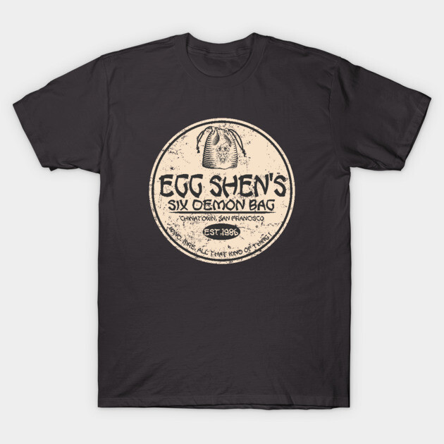 "Black graphic t-shirt featuring vintage Egg Shen's Six Demon Bag design, perfect for casual wear and pop culture fans."