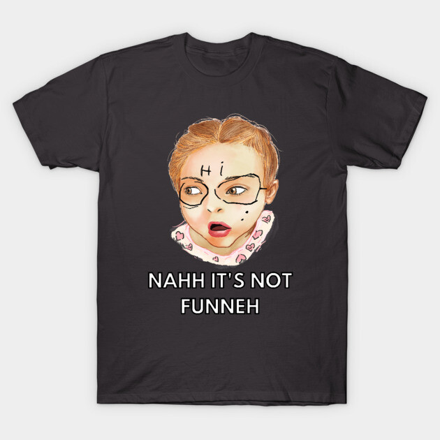 Black graphic T-shirt with cartoon face design and "Nahh It's Not Funneh" text, casual cotton wear.