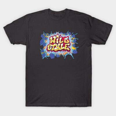 Black graphic t-shirt with colorful "Wild Style" print, casual streetwear, 100% cotton, unisex design.