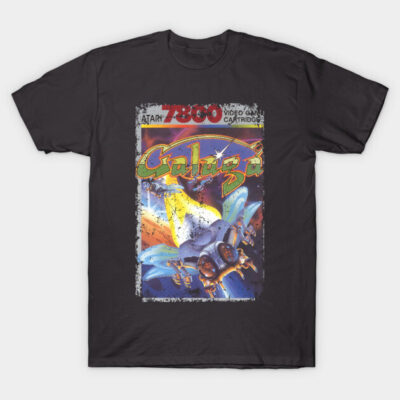 Black Galaga-themed t-shirt featuring vintage arcade game cover art, perfect for retro gaming fans.